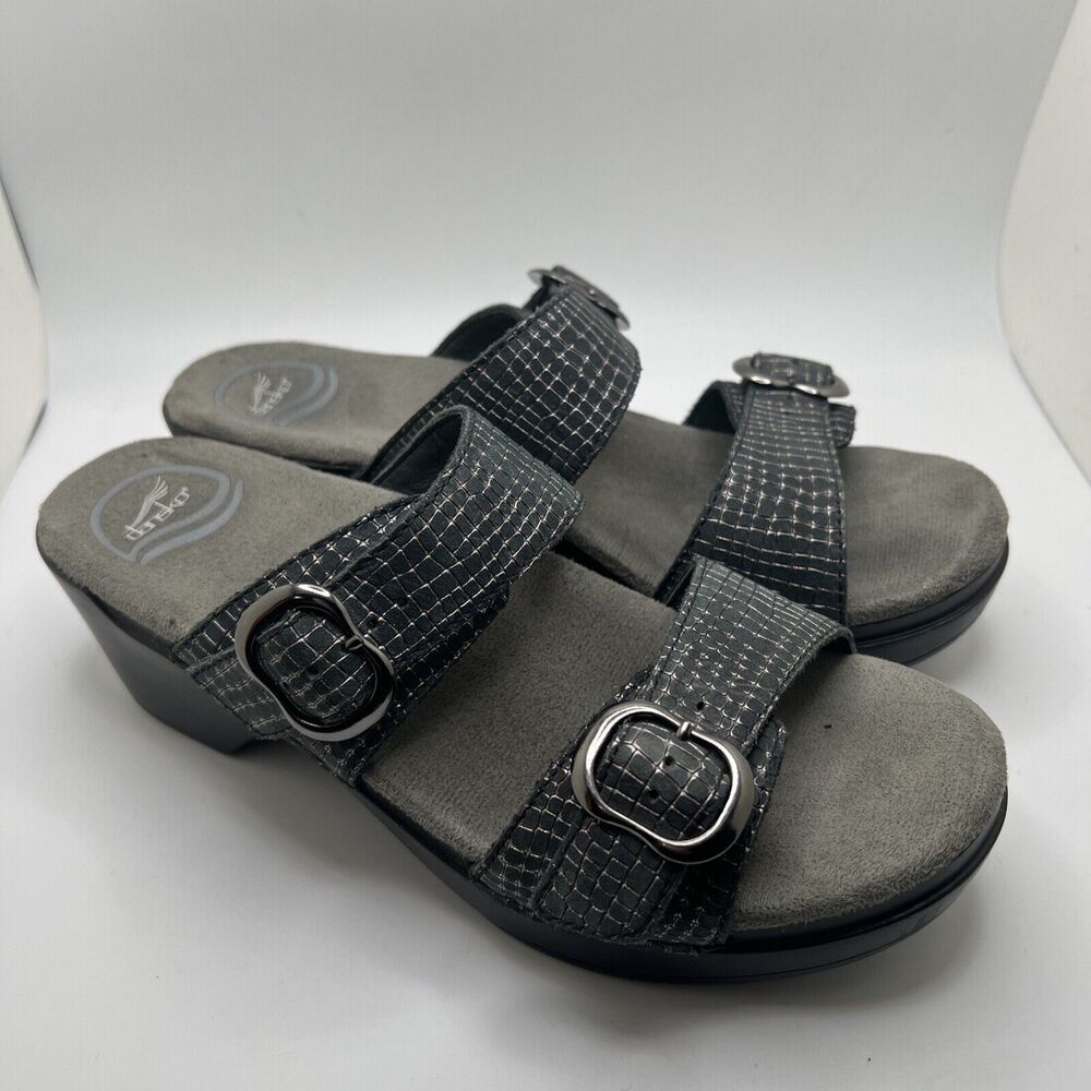 Dansko Sophie Black/Gray Leather Snakeskin Double Strap Wedge Sandal Women’s 38